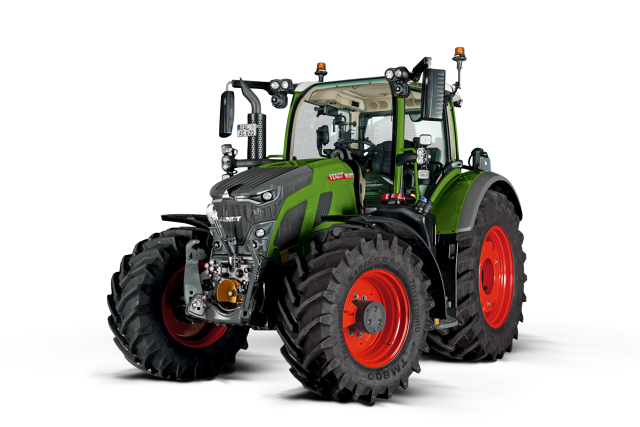 CGI van de groene trekker Fendt 600 Vario met rode velgen