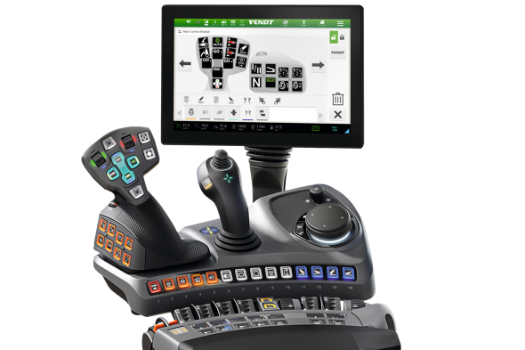 Aanzicht van een Fendt-armleuning in de uitvoeringsvariant Profi Setting 2