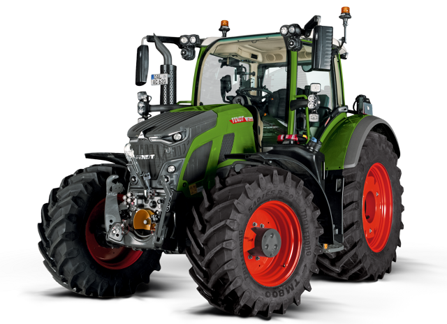CGI van de groene trekker Fendt 600 Vario met rode velgen