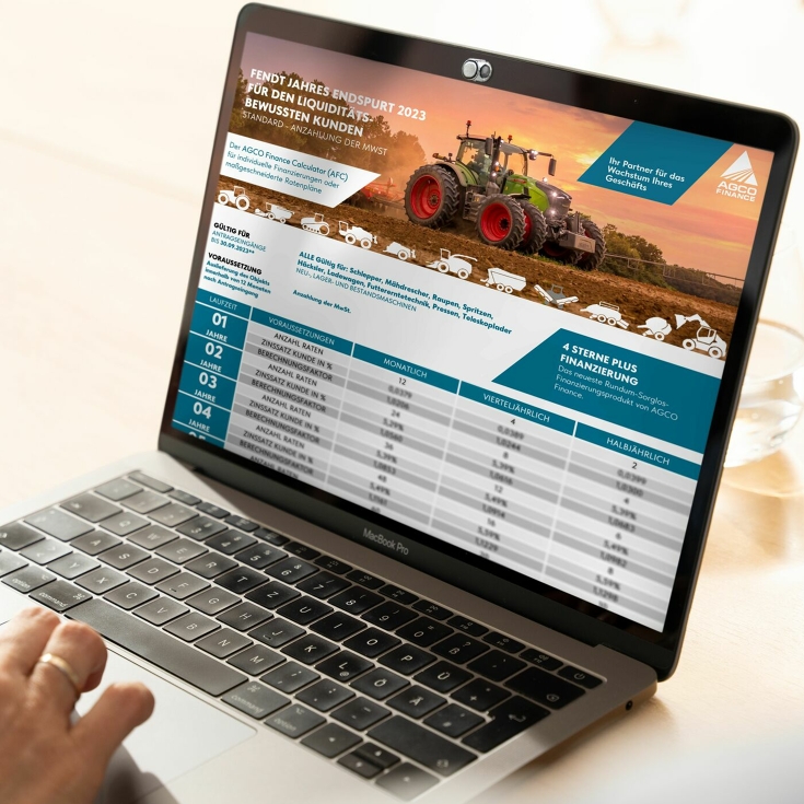 Laptop van een Fendt-dealer met financieringsmogelijkheden via AGCO Finance