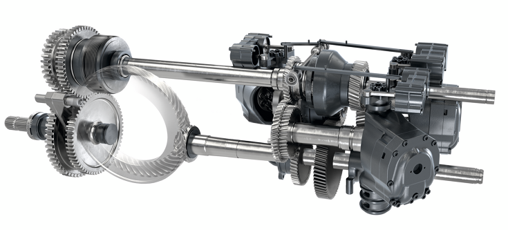 Technisch CGI-aanzicht van de aftakas achter en de Vario-transmissie in detail CGI-aanzicht van de aftakas achter met technische details van de Fendt Vario-transmissie