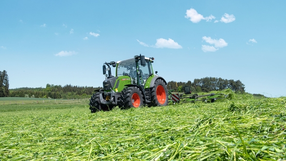 Een groene Fendt 300 Vario aan het zwadharken op een veld