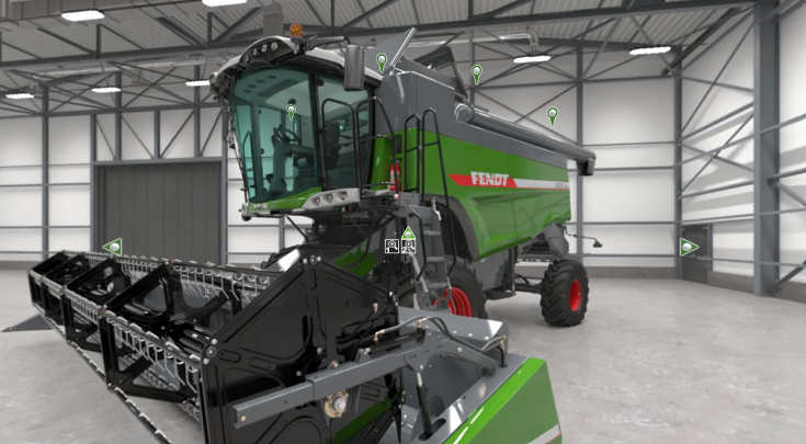 Fendt virtuelt utstillingslokale: C SL-serien CGI-rendering av Fendt C-serie SL i grønn farge og med røde felger, som står i en stor hall med grått gulv