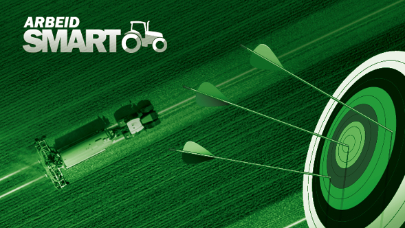 Grønn collage av et mål med tre piler og et fugleperspektiv av en grønn Fendt-traktor som kjører i åkeren. "arbeid SMART"-kampanjens logo er øverst til venstre.