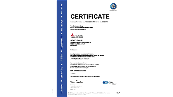 Bilde av sertifikatet for styringssystemet for arbeidsmiljø iht. DIN•EN•ISO 45001
