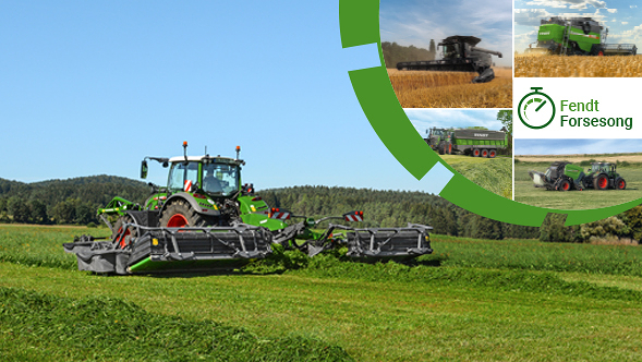 En bonde kjører en Fendt-traktor og en Fendt Slicer slåmaskin på en eng, med Fendt Forsesong-logoen som består av et grønt stoppeklokkeikon øverst til høyre.