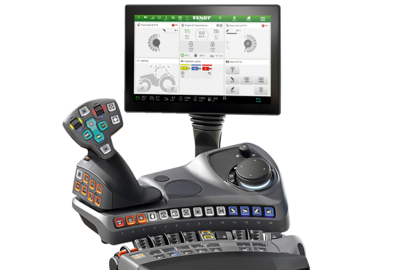 Beskåret dataanimert bilde av terminalen og armlenet på Fendt.