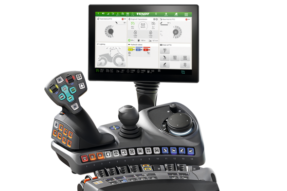 Beskåret dataanimert bilde av terminalen og armlenet på Fendt.