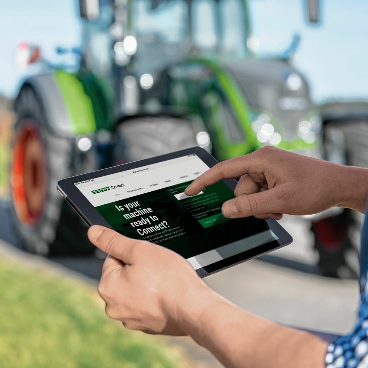 Næropptak av nettbrettskjerm som viser Fendt Connect