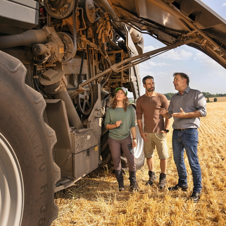 En Fendt-forhandler forklarer et par bønder på et jorde hvordan Fendt-skurtreskeren fungerer.