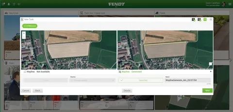 Zrzut ekranu na ekranie pokazuje to samo pole dwa razy, po lewej bez aktywowanego generatora linii toru, a po prawej z generatorem. Po prawej stronie generator sugeruje linie toru dla optymalnej obróbki.