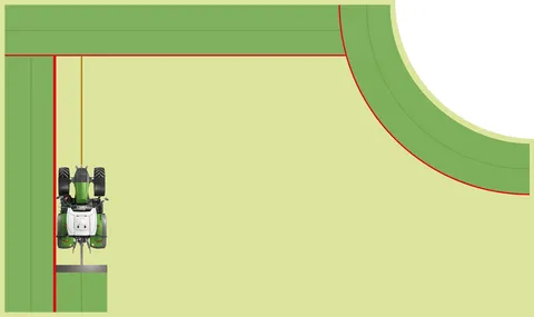 Grafika przedstawia widok z lotu ptaka na traktor z elementami roboczymi na polu. Ciągnik porusza się od dolnej krawędzi obrazu w górę po żółtej linii. Tory, które zostały już przetworzone, są zaznaczone na zielono po lewej stronie i u góry ekranu. W praw