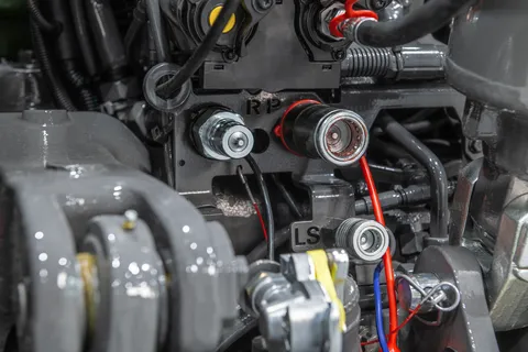 Zbliżenie tyłu ciągnika Fendt ze złączem Power Beyond (P), Powrót (R) i Load Sensing (LS).