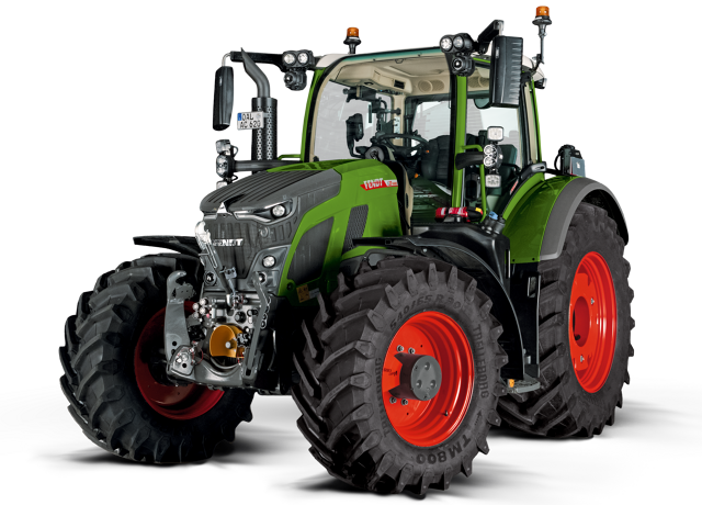 CGI zielonego ciągnika Fendt 600 Vario z czerwonymi obręczami kół
