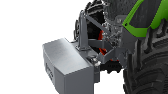 Wyizolowana grafika CGI przedniego podnośnika Fendt 900 Vario z obciążnikiem z przodu.