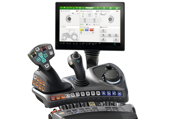 Wyizolowana grafika CG terminala i podłokietnika Fendt w wariancie wyposażenia Profi Setting 2
