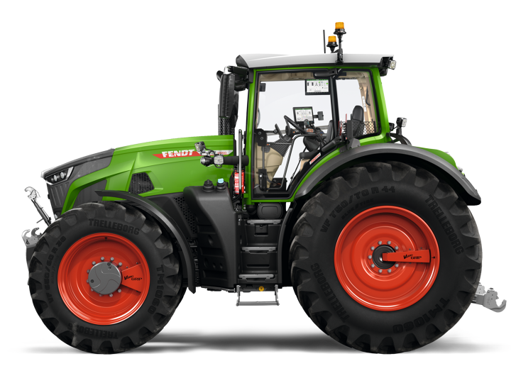 Wizualizacja CGI zielonego ciągnika Fendt 900 Vario z czerwonymi obręczami kół w widoku bocznym.