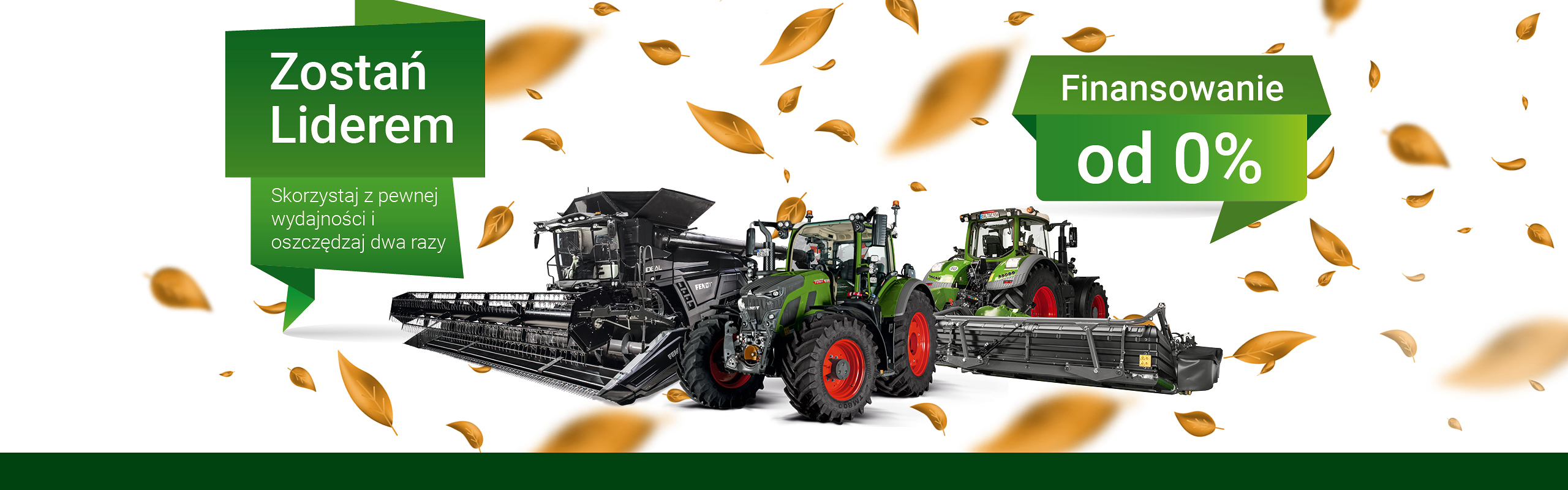 Na zdjęciu widać kombajn Fendt IDEAL, dwa ciągniki Fendt oraz kosiarkę Fendt Slicer, otoczone jesienną scenerią z kolorowymi liśćmi tańczącymi na wietrze.