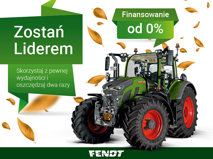 Kampania ZŁOTA JESIEŃ z Fendt Na zdjęciu widać ciągnik Fendt, osadzony w jesiennej scenerii z kolorowymi liśćmi tańczącymi łagodnie na wietrze