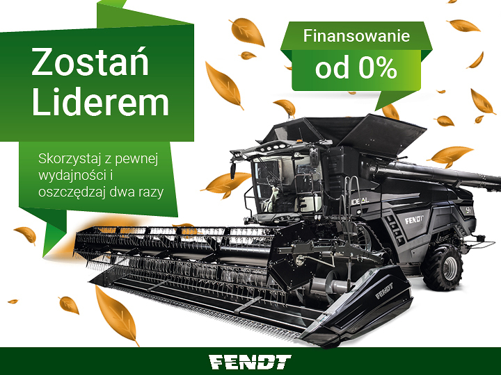 Na zdjęciu widać kombajn Fendt IDEAL, osadzony w jesiennej scenerii z kolorowymi liśćmi, które delikatnie tańczą na wietrze.