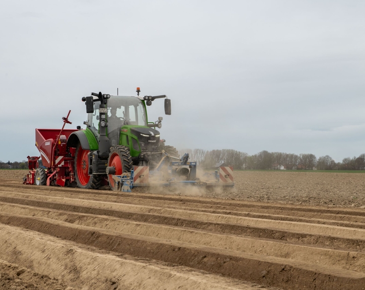 Fendt 500 Vario przejeżdża przez nasyp z sadzarką do ziemniaków Zielony Fendt 500 Vario z czerwoną sadzarką do ziemniaków i broną talerzową z przodu przejeżdża przez nasypy i sadzi rośliny. Podczas prac wzniecany jest pył.
