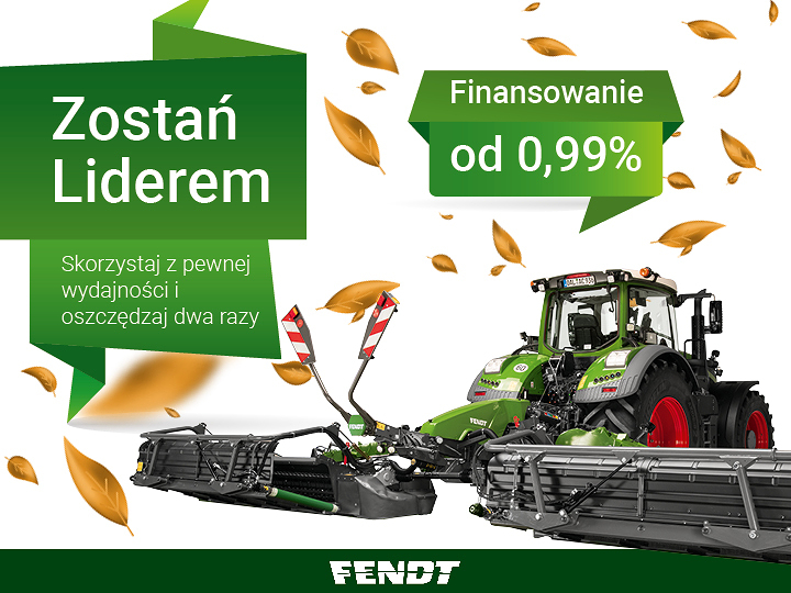 Na zdjęciu widać ciągnik Fendt oraz kosiarkę Fendt Slicer, osadzone w jesiennej scenerii z kolorowymi liśćmi, które delikatnie tańczą na wietrze.