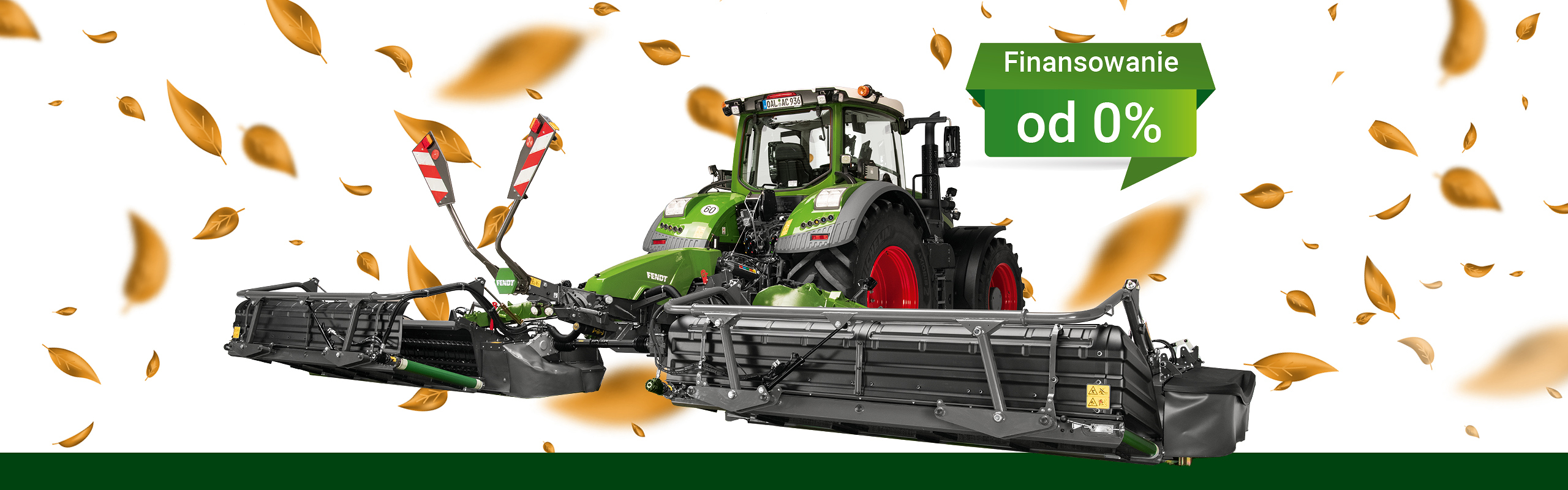 Na zdjęciu widać ciągnik Fendt oraz kosiarkę Fendt Slicer, osadzone w jesiennej scenerii z kolorowymi liśćmi, które delikatnie tańczą na wietrze.