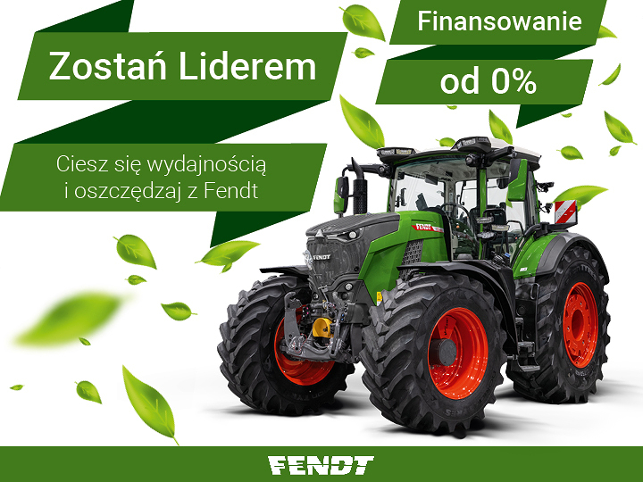 Fendt 832 Vario na białym tle, z opadającymi zielonymi liśćmi. Na grafice znajdują się hasła „Become a leader”, prezentujące kampanię finansowania.