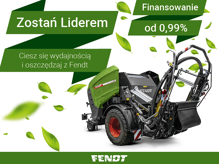 Grafika przedstawia prasę rolującą Fendt na białym tle, z opadającymi zielonymi liśćmi. Na obrazie widoczne są napisy „Become a leader”, prezentujące kampanię finansowania.