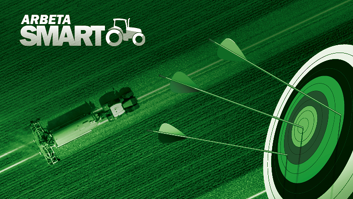 Grönt collage av en måltavla med tre pilar och ett fågelperspektiv av en grön Fendt-traktor som kör på fältet. "Arbeta SMART"-kampanjens logotyp finns längst upp till vänster.