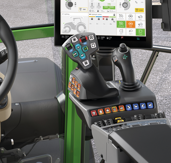 Multifunktions-Joystick Grafische Darstellung des ergonomisch geformten Multifunktions Joystick mit optimierter Handauflage und vier frei belegbaren Tasten. Im Hintergrund ist das Display zu sehen.