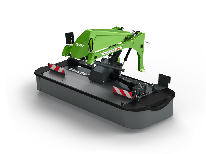 Fendt Slicer FQ frontmonterad slåttermaskin på vit bakgrund.