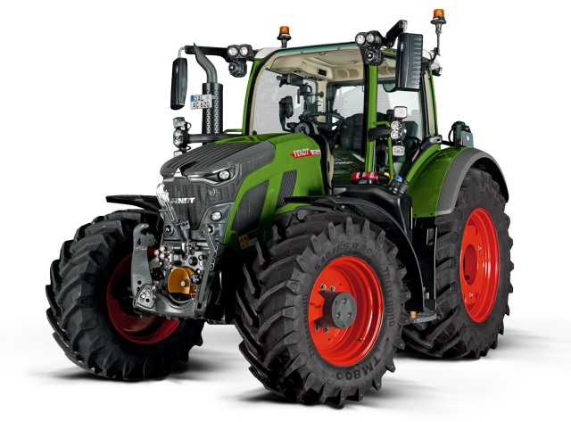 CGI av den gröna Fendt 600 Vario-traktorn med röda fälgar