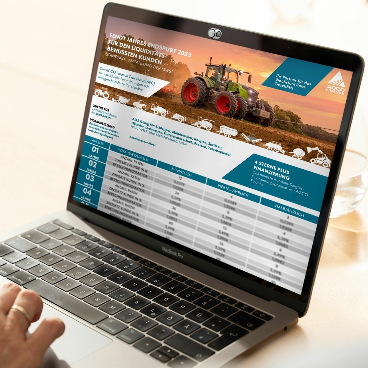 En Fendt-återförsäljares bärbara dator med finansieringsmöjligheter via AGCO Finance