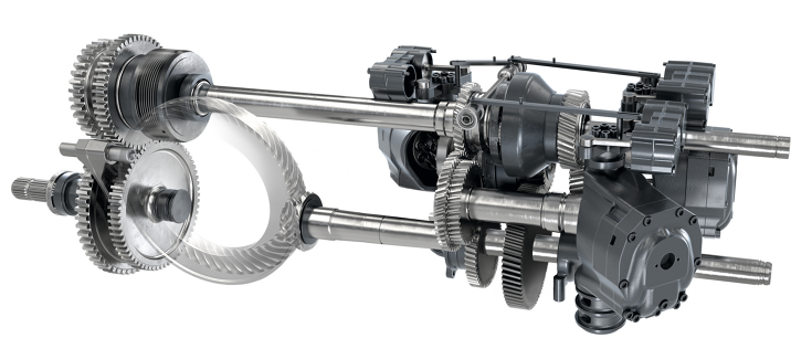 Teknisk CGI-bild av det bakre kraftuttaget och Vario-transmissionen i detalj CGI-vy av det bakre kraftuttaget med tekniska detaljer om Fendt Vario-transmissionen
