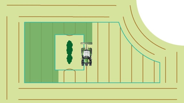 En grafik visar en Fendt-traktor från fågelperspektiv som bearbetar en yta runt ett inre hinder, till exempel en häck, med autostyrning. Grafiken visar även vändlinjer som skapats speciellt för detta fall.