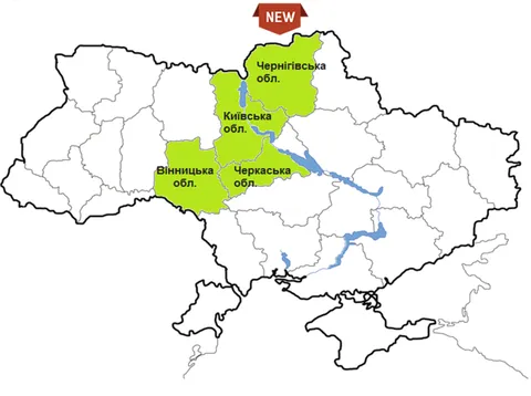 Карта України, виконана чорними лініями на білому тлі, з новими представництвами Fendt і Valtra, відкритими новим дистриб'ютором ASTRA.