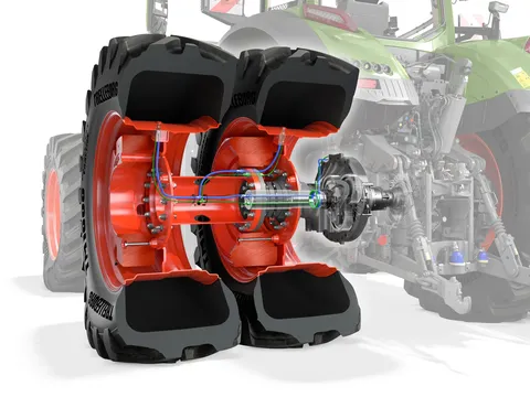 CGI of a rear axle with dual tyres in European format