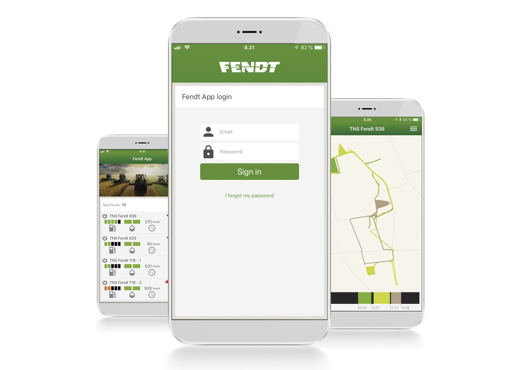 The left smartphone shows the screen for fuel consumption of the machine, the middle screen also shows the login for the Fendt App and the right screen shows the driving path of the machines
