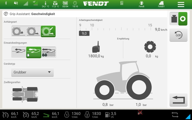Varioterminal in landscape mode with Fendt Grip Assistant settings.