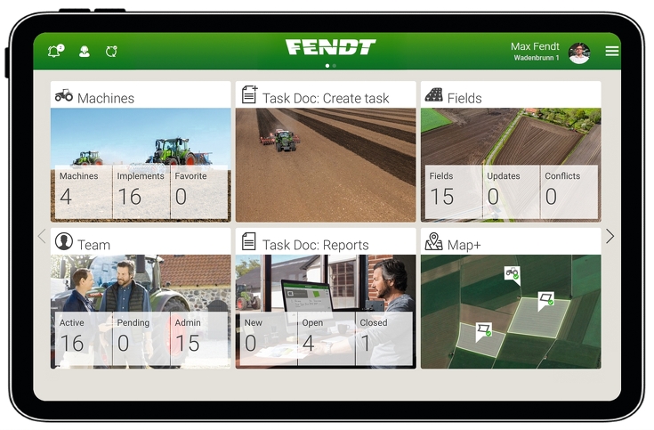 On a tablet one can see various areas that can be expanded with Fendt Task Doc.