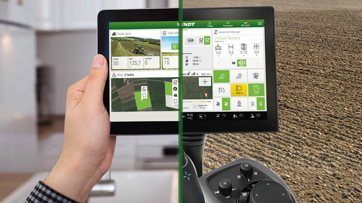 On the left is an arm holding a tablet and on the right is the terminal of a tractor with FendtONE onboard