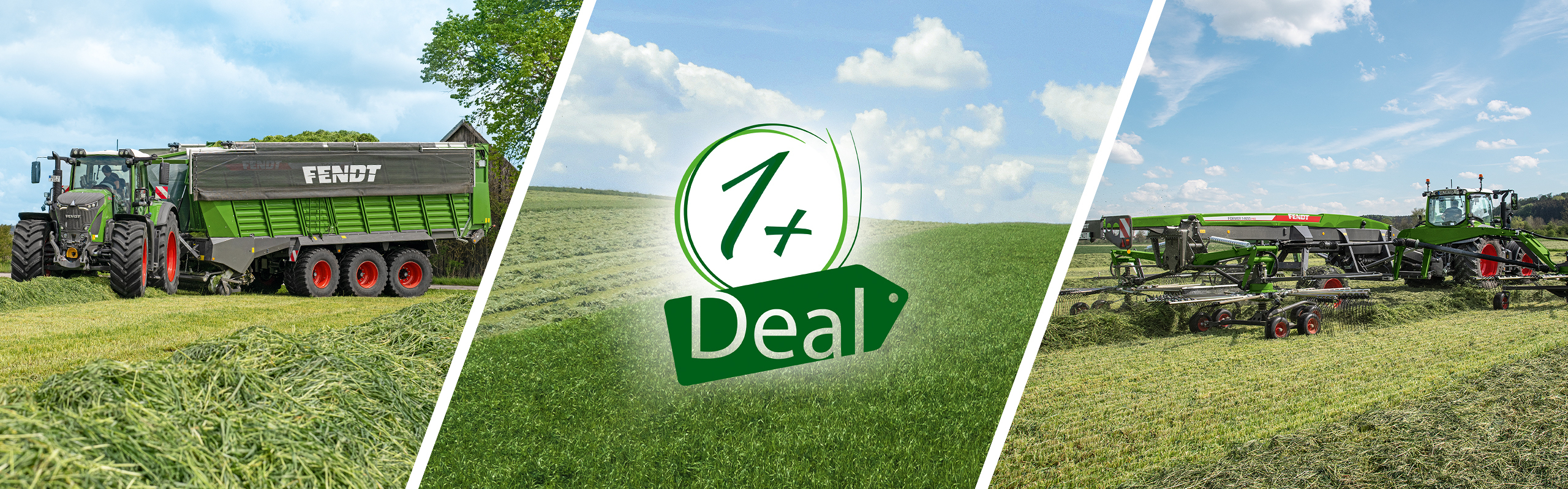 On the left you can see a loader wagon and on the right a Fendt rake in the meadow. In the centre is the 1+ Deal logo.