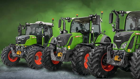 A Fendt 200, 300 and 500 Vario tractor stand side by side against a green background.