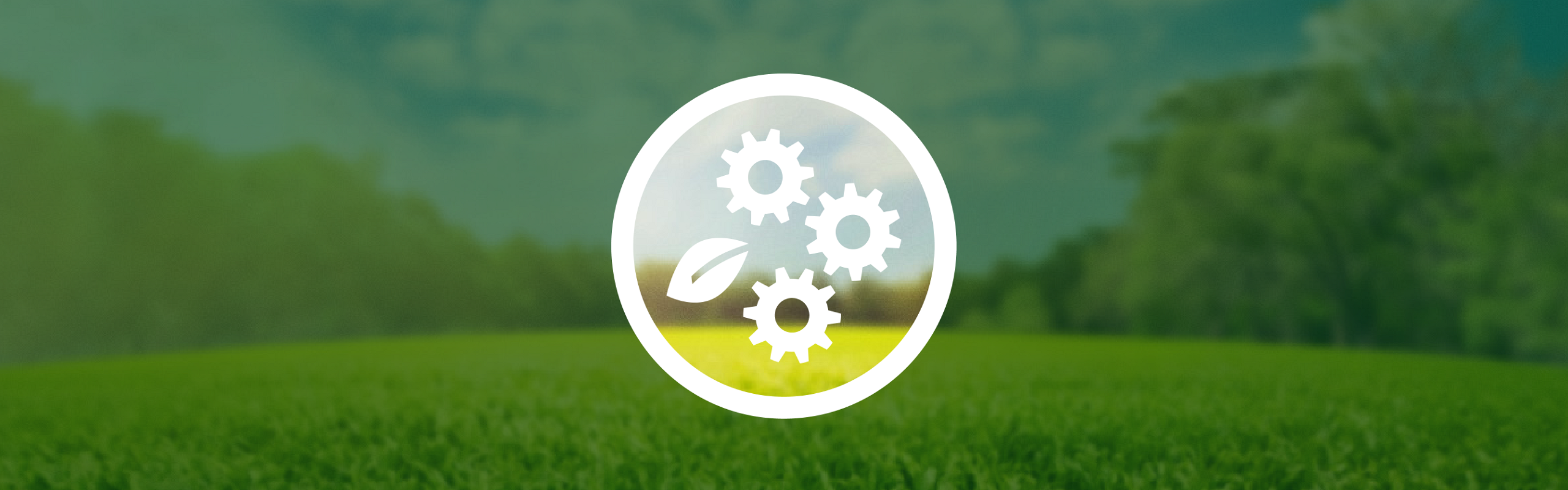 Three white cogwheels and a white leaf are inside a circle. The background shows a green forest meadow under a blue sky, which is darkened outside the circle by a dark green, partially transparent layer.