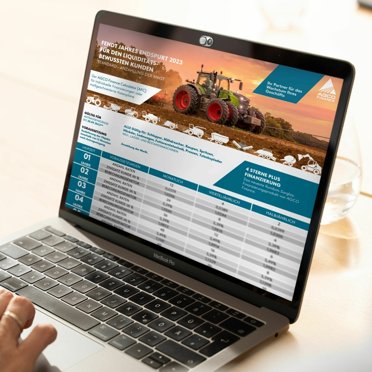 Laptop of a Fendt dealer with financing options via AGCO Finance