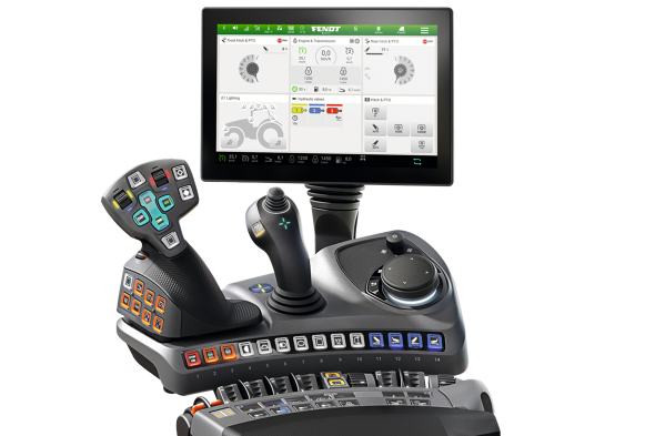 Armrest of a Fendt tractor with black padding, two rocker pairs for hydraulic control, 3L-Joystick, many coloured buttons and a large 12-inch monitor, against a white background