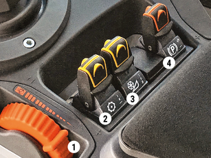 Fendt L-series switch panel Close-up of a switch panel in a Fendt L-series combine with various toggle switches for controlling the cutting table, threshing unit and grain tank
