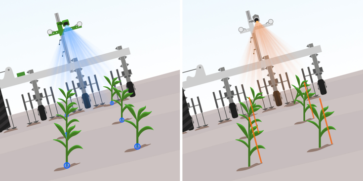 A graphic showing 2 choppers on the slope side by side. In the left image, a blue marking shows the RowPilot's row recognition at the exit point of the plants. In the right picture, an orange horizontal line shows the row recognition based on the leaf mas