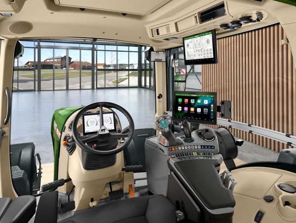 Fendt tractor cab Interior view in a Fendt tractor cab with driver's workstation, armrest, screens and FendtONE